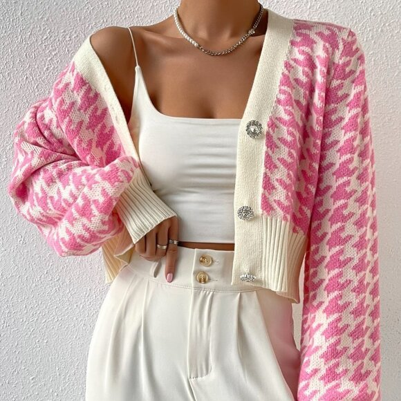 Pink Preppy Womens Houndstooth Pattern Lantern Sleeve Cardigan - Picture 5 of 5